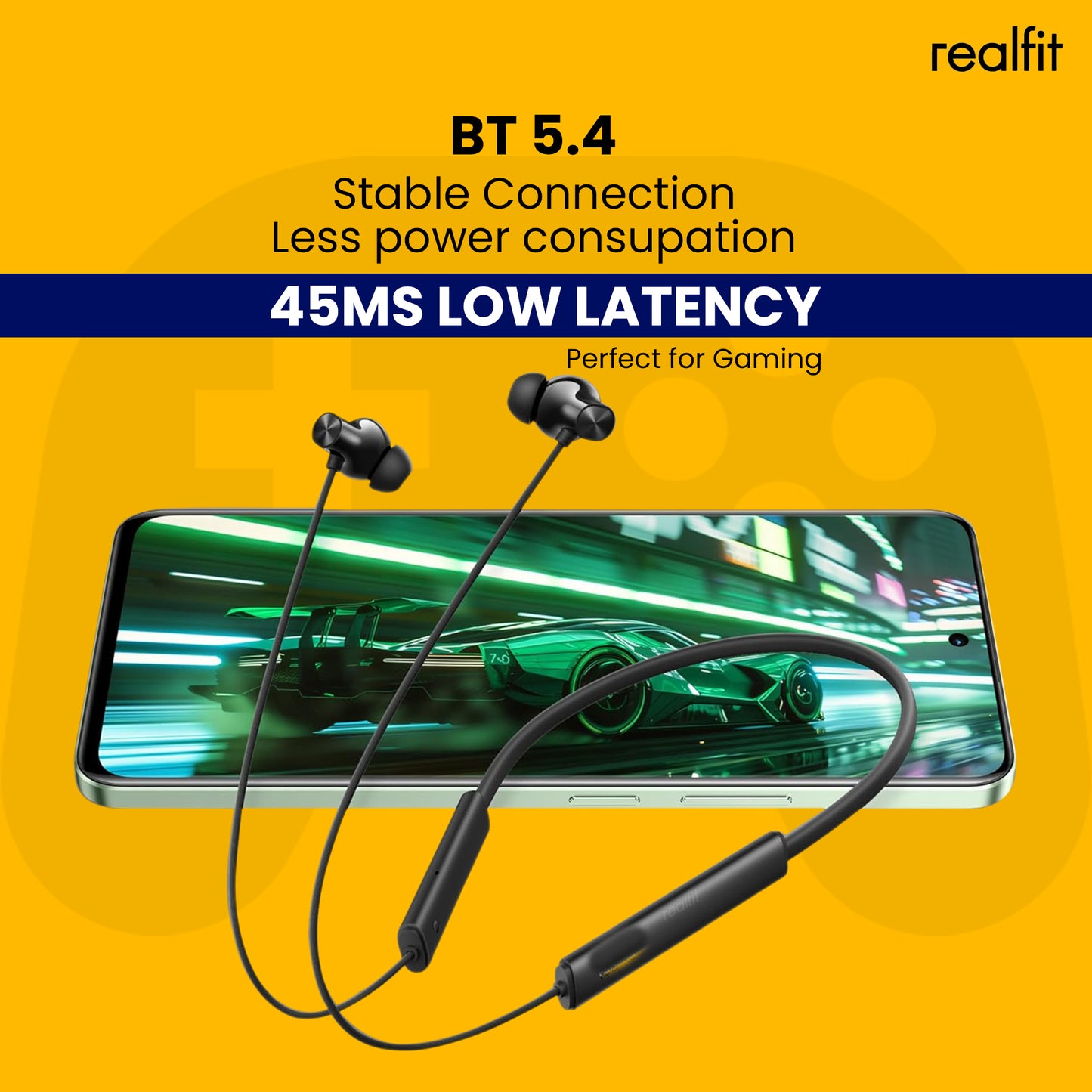 Realfit Neckband with Dual Pairing | 13.4mm Drivers | Bluetooth 5.4 | 40H Battery Life | Fast Charging Neckband