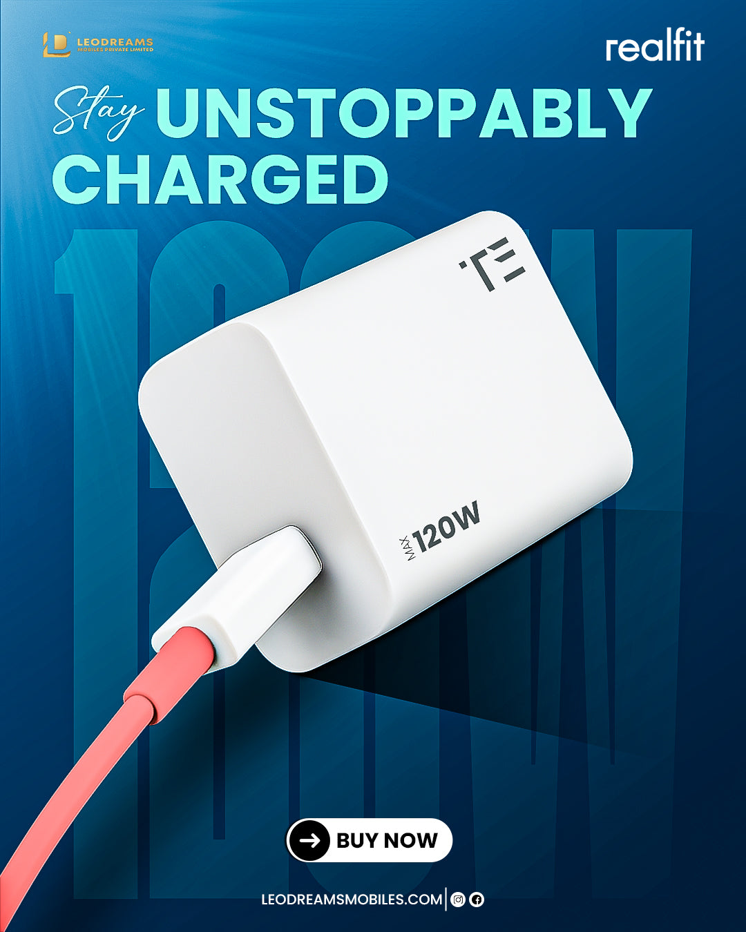 REALFIT 120 W Supercharge Wall Charger + High-Speed Cable Combo