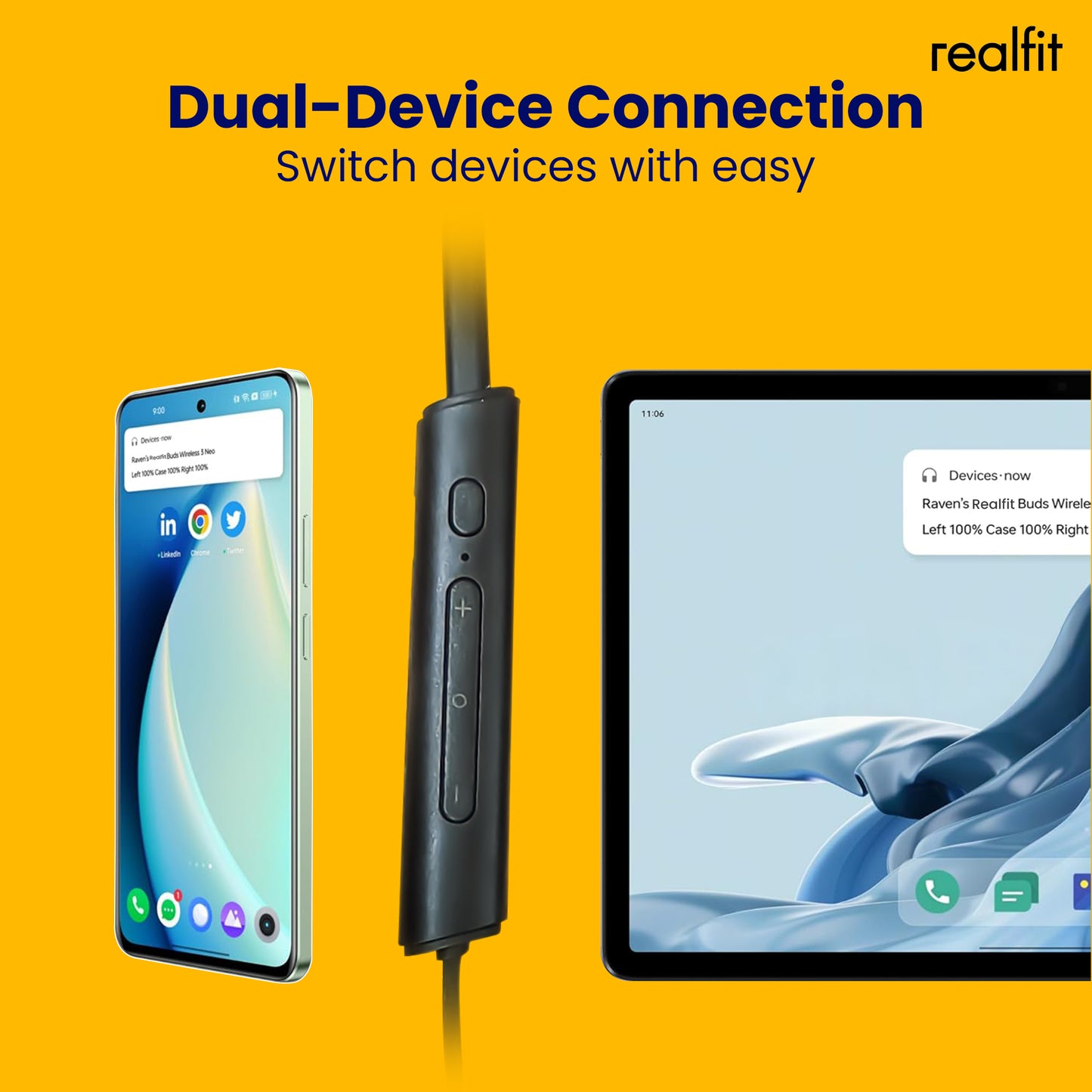 Realfit Neckband with Dual Pairing | 13.4mm Drivers | Bluetooth 5.4 | 40H Battery Life | Fast Charging Neckband