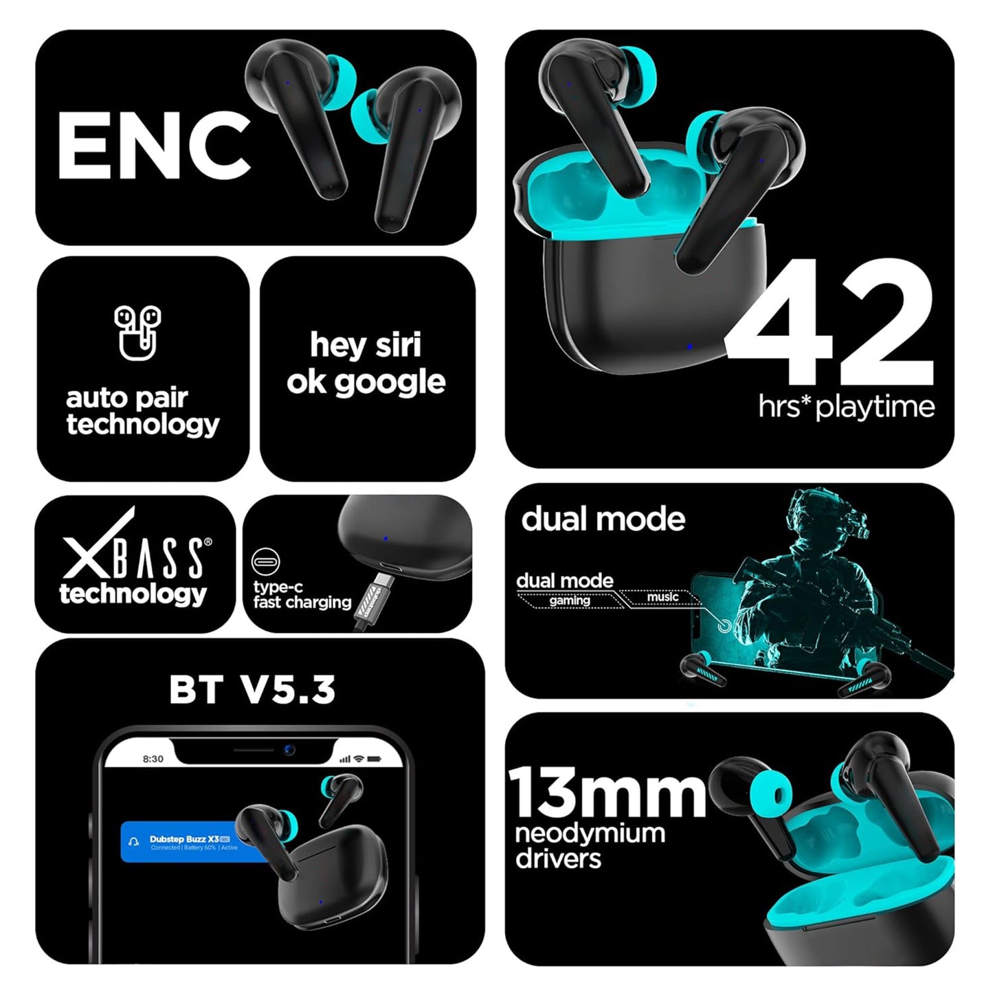 Realfit Buds TWS Earbuds: 13mm Driver, 200Hrs Battery, Bluetooth Headset